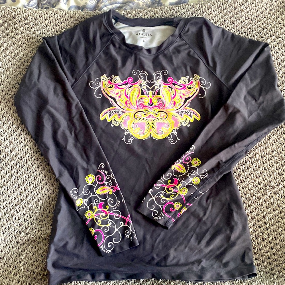 Athleta Black Long-Sleeve Swim Coverup with Pink & Yellow Floral Print